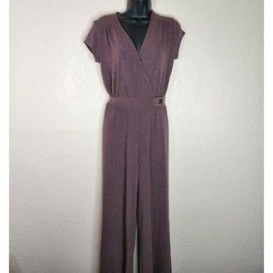 CeS Femme Jumpsuit Button V-Neck Stretchy Brown Size Small Pants Short Sleeve